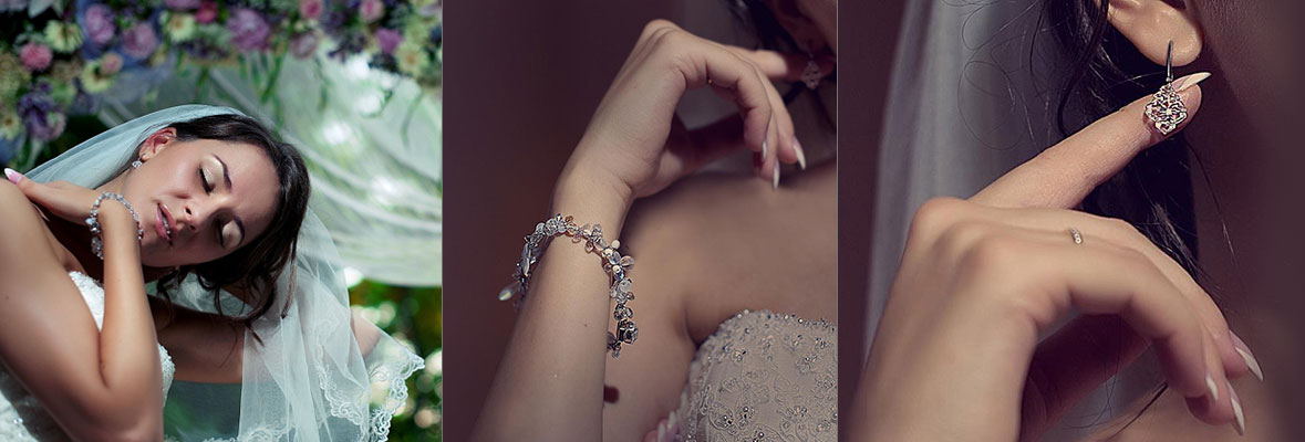 Нежные серьги и браслет в классическом стиле. Свадебный комплект украшений
